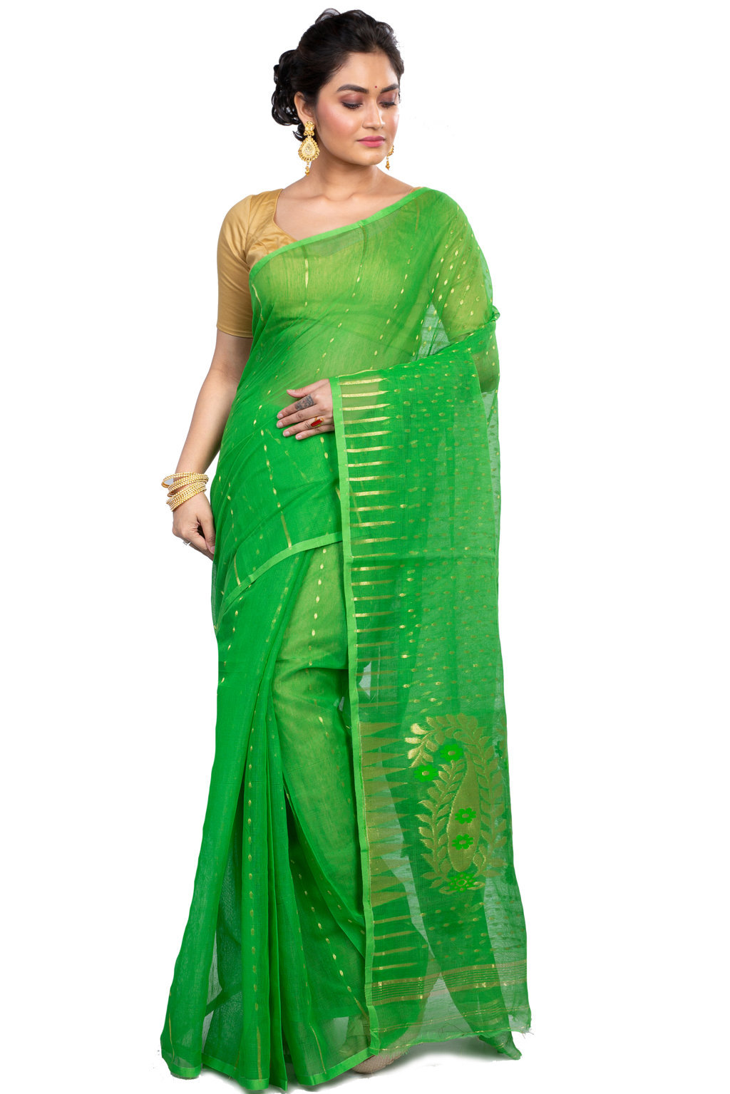 Green Blended Cotton New HALF  JAMDINE Jamdani Saree (4107)